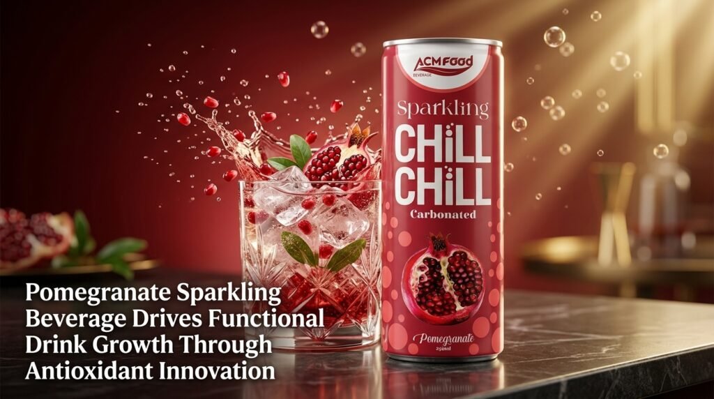 Banner of pomegranate sparkling beverage can and pomegranate ingredients for functional drink article