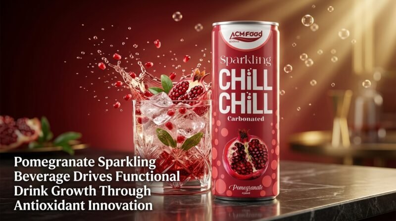 Banner of pomegranate sparkling beverage can and pomegranate ingredients for functional drink article