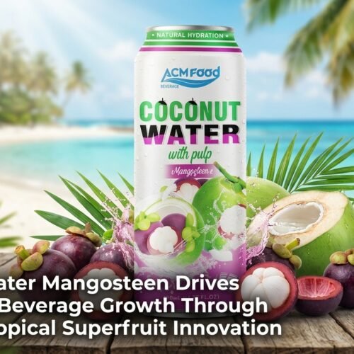 Coconut water mangosteen can with tropical fruits and functional beverage trend headline overlay