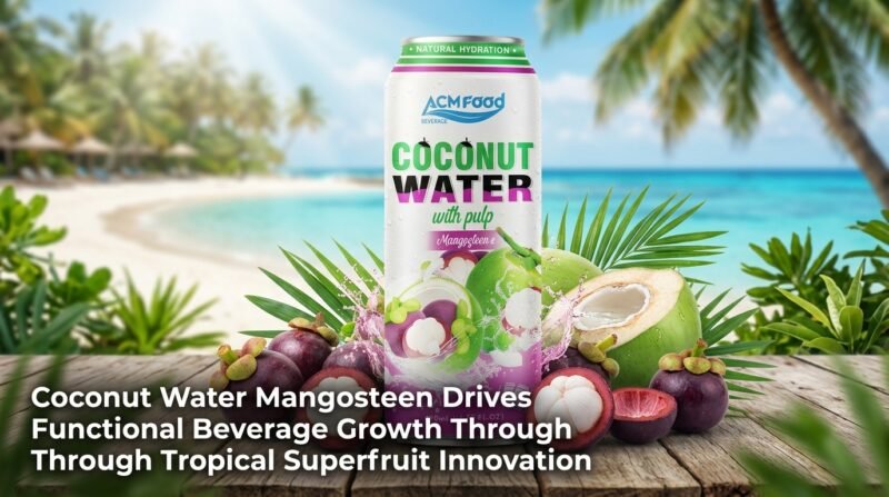 Coconut water mangosteen can with tropical fruits and functional beverage trend headline overlay