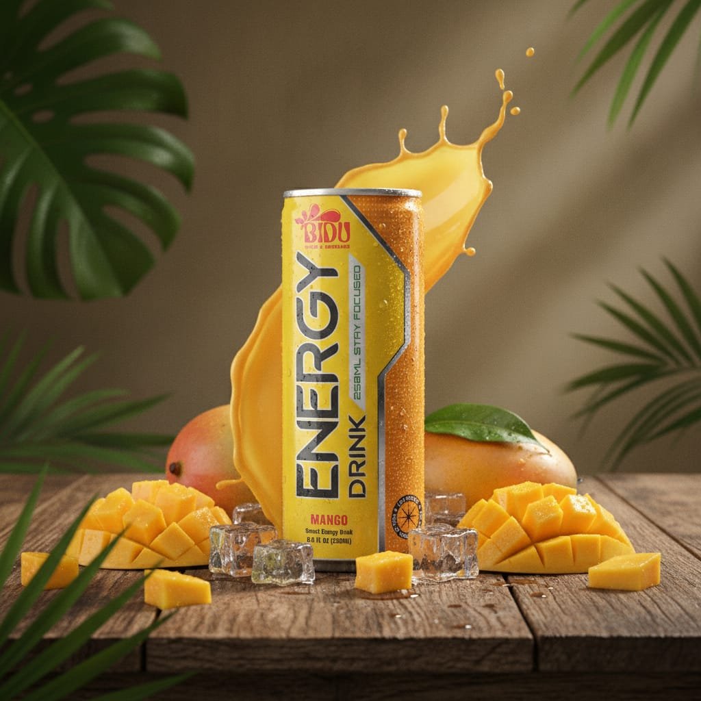 Mango Energy Drink Wholesale – 250ml Cans for Distributors displayed with fresh mangoes and ice cubes in a vibrant setting Mango energy drink can on a tropical background with fresh mango slices
