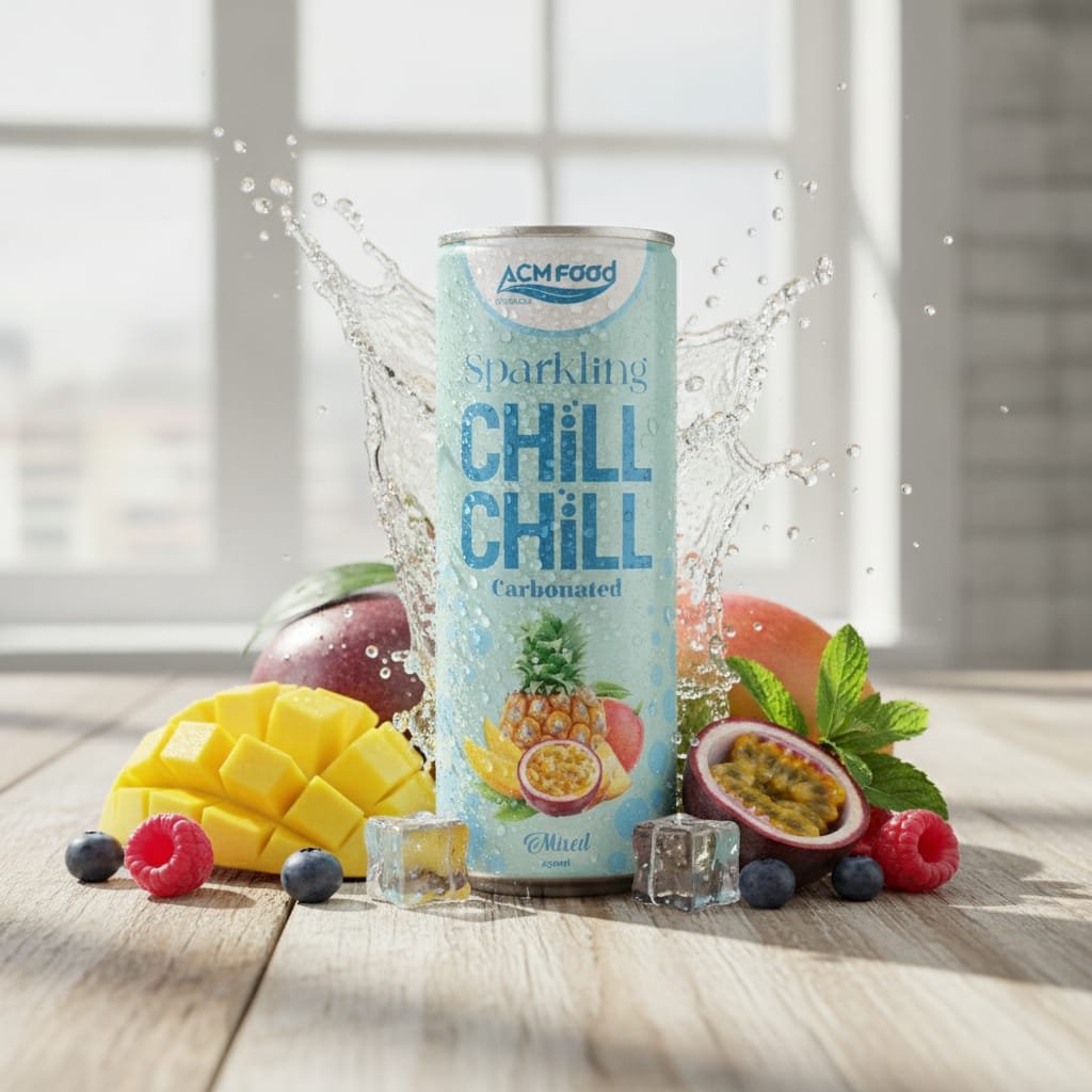 Mixed fruit sparkling juice in 250ml aluminum can with fresh tropical fruits