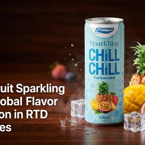 Mixed Fruit Sparkling Juice 250ml can on a table with fresh fruits and ice, Forbes-style banner