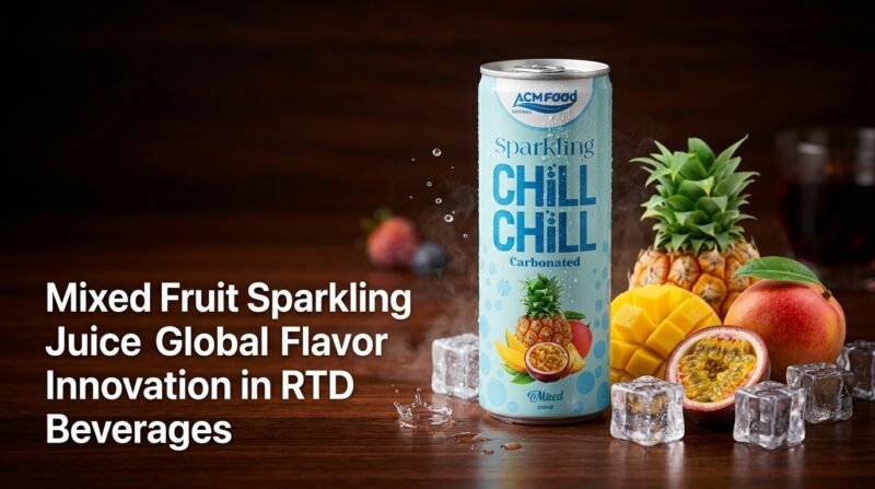 Mixed Fruit Sparkling Juice 250ml can on a table with fresh fruits and ice, Forbes-style banner