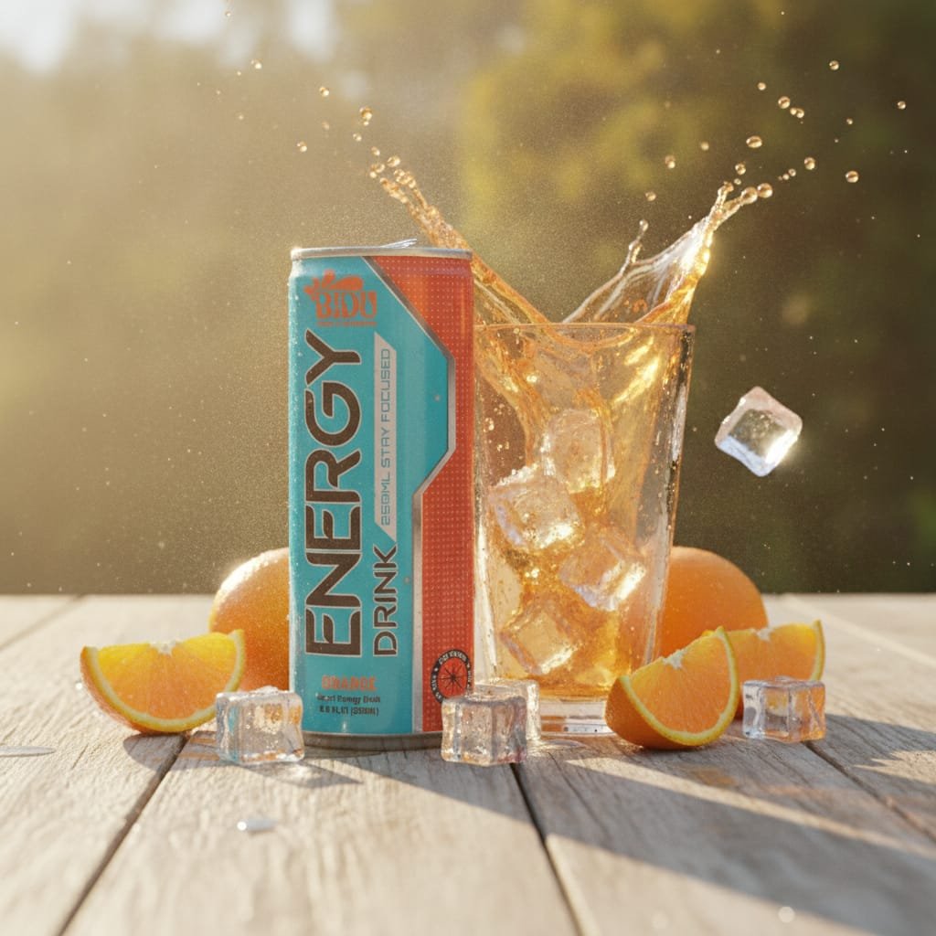 Orange energy drink 250ml can on a wooden table with fresh oranges