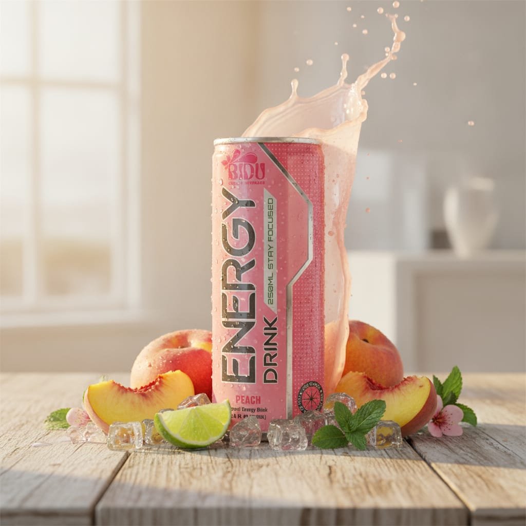 A vibrant 250ml aluminum can of peach flavor energy drink with bright branding and peach imagery Peach flavor energy drink can on display