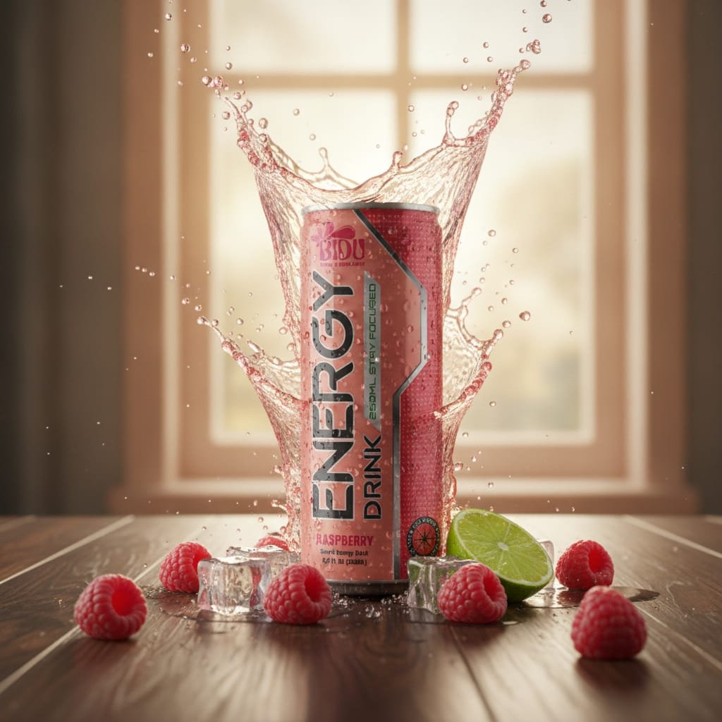 Raspberry energy drink can on a wooden table with fresh raspberries