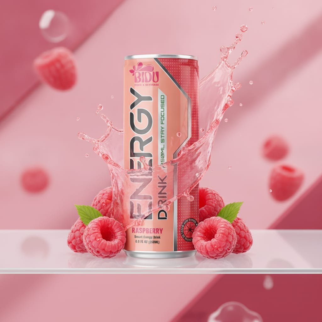 Raspberry energy drink can on a retail shelf with other beverages