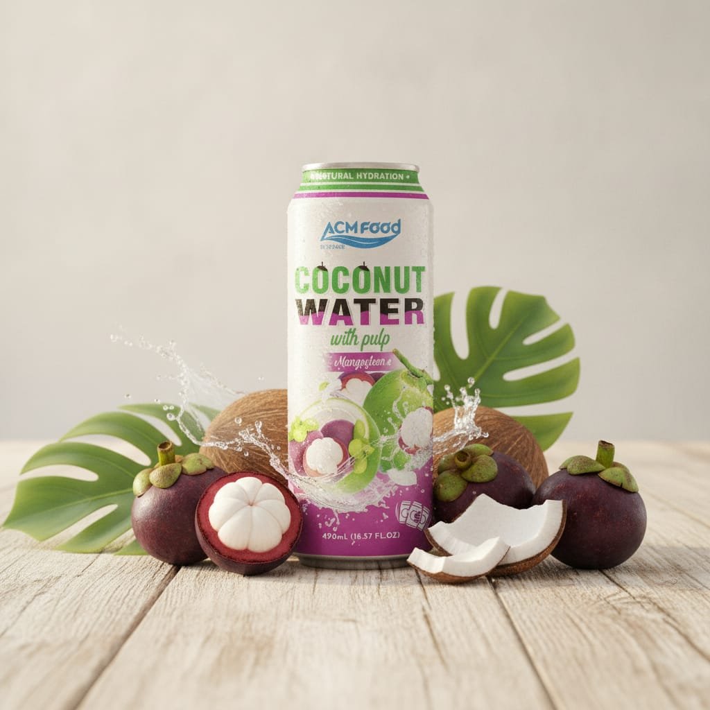 Coconut Water Mangosteen 500ml aluminum can with tropical fruits background