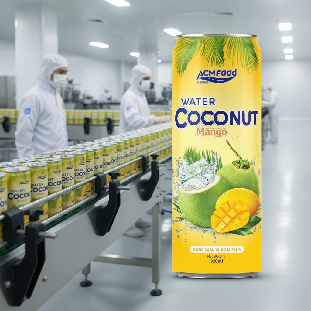 BIDU coconut water mango cans in a modern factory setting with quality control inspection