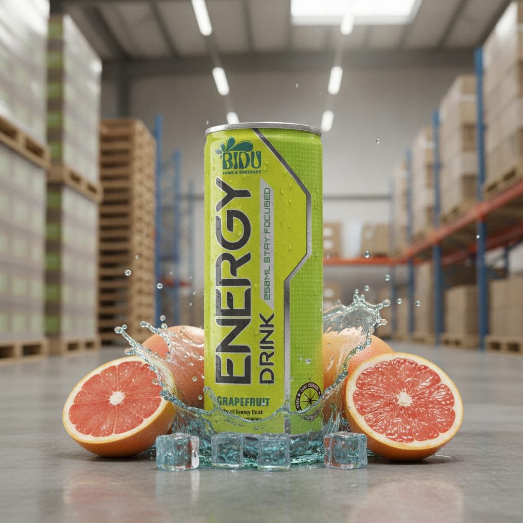 Stack of grapefruit energy drink 250ml cans on a pallet in a modern warehouse with logistics background