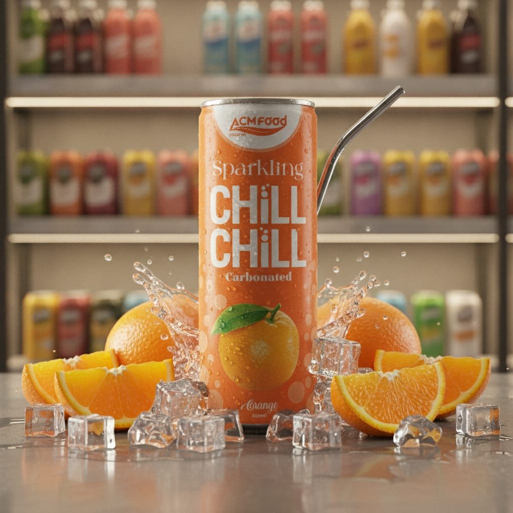 Orange Sparkling Juice can on a supermarket shelf with fresh oranges