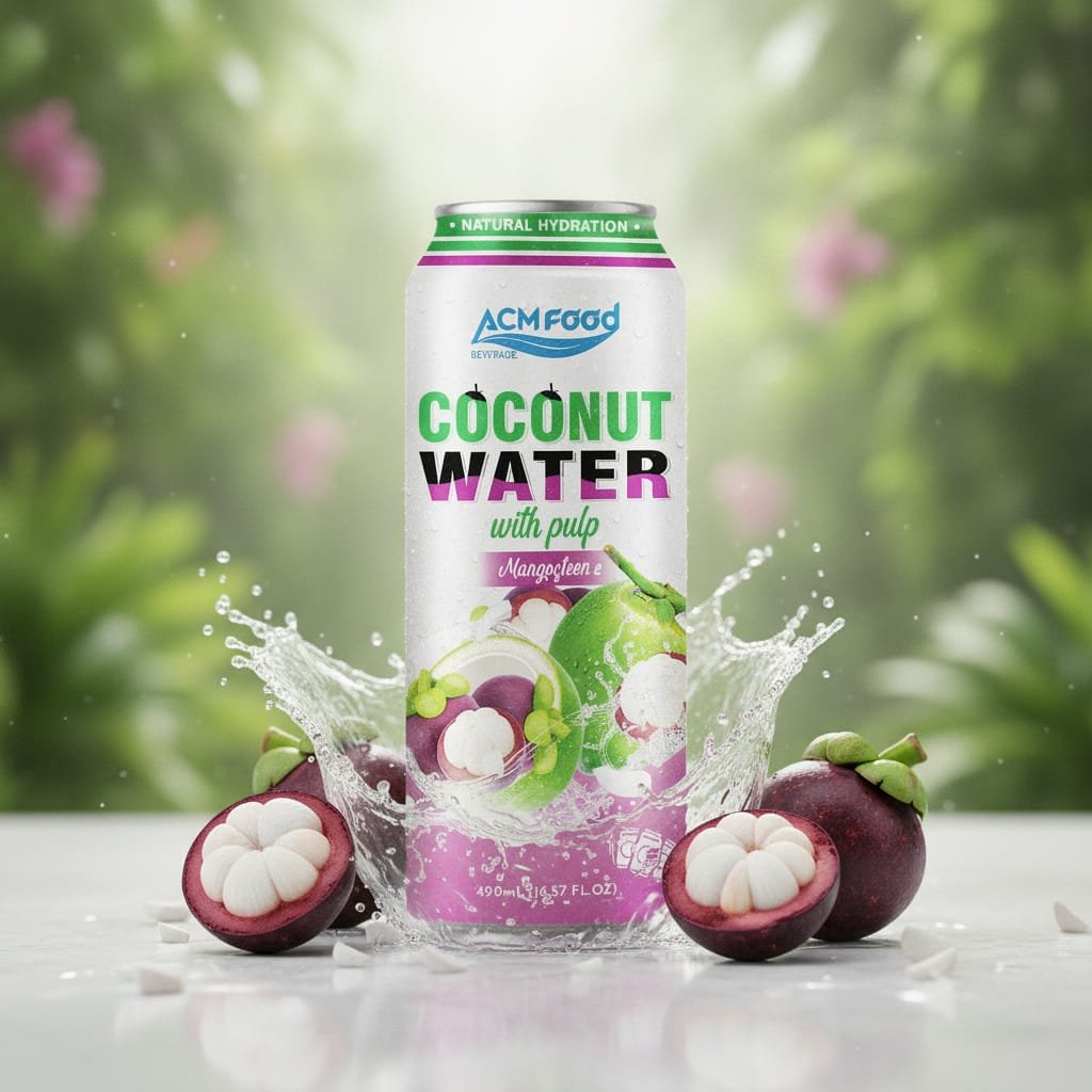 Coconut water with mangosteen in 500ml aluminum can on wooden table with fresh mangosteen fruit