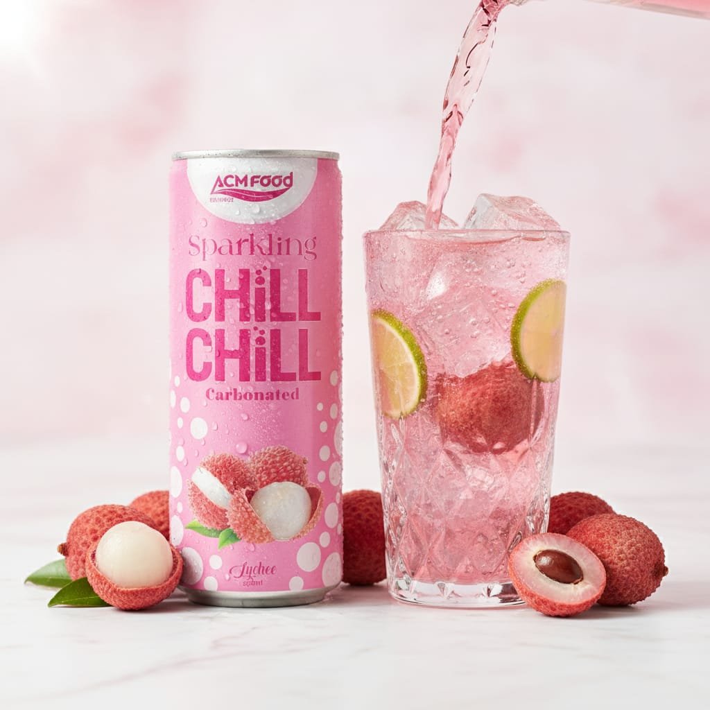 Lychee Sparkling Juice can pouring into glass with ice cubes