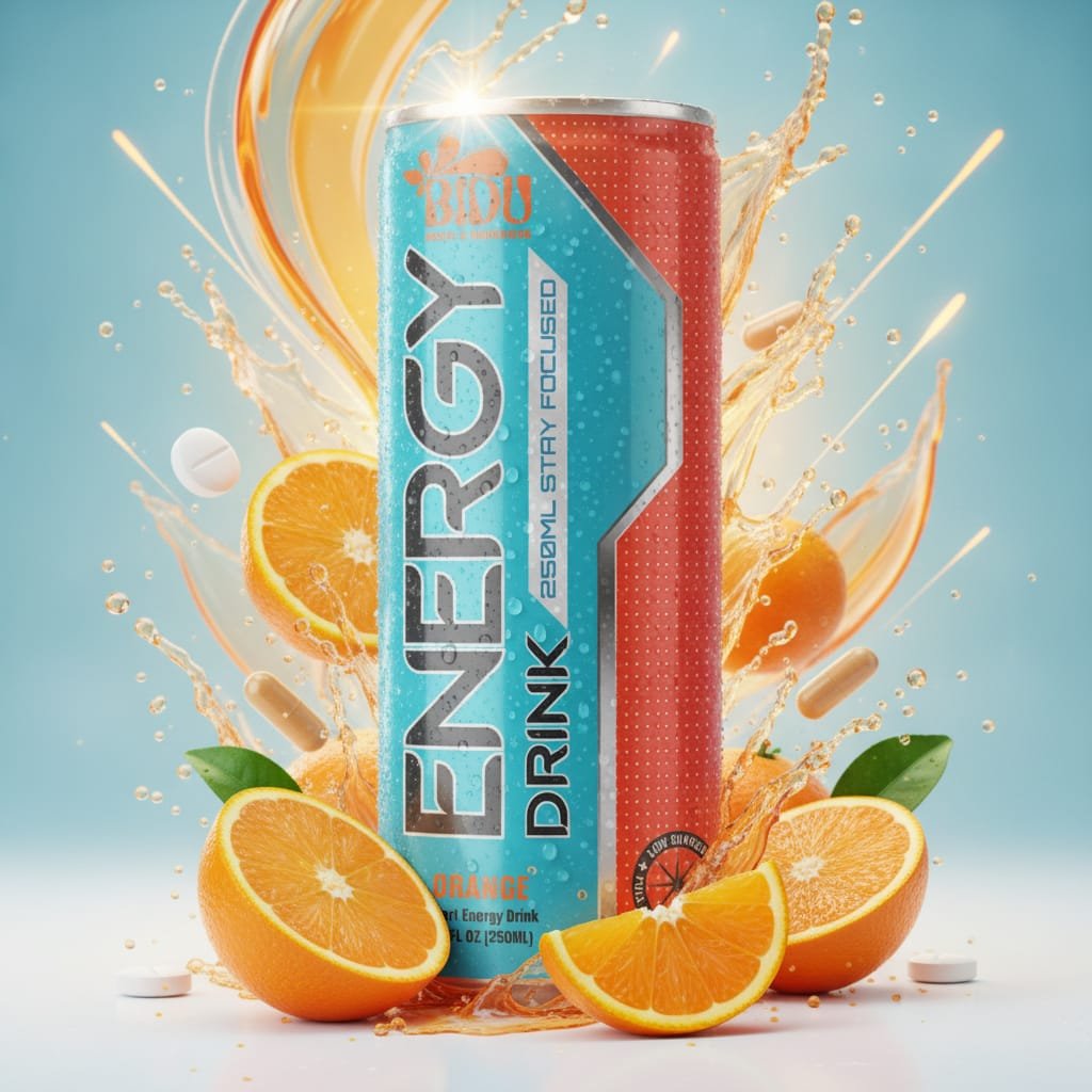 Close-up of orange energy drink can with ingredient details and vitamins
