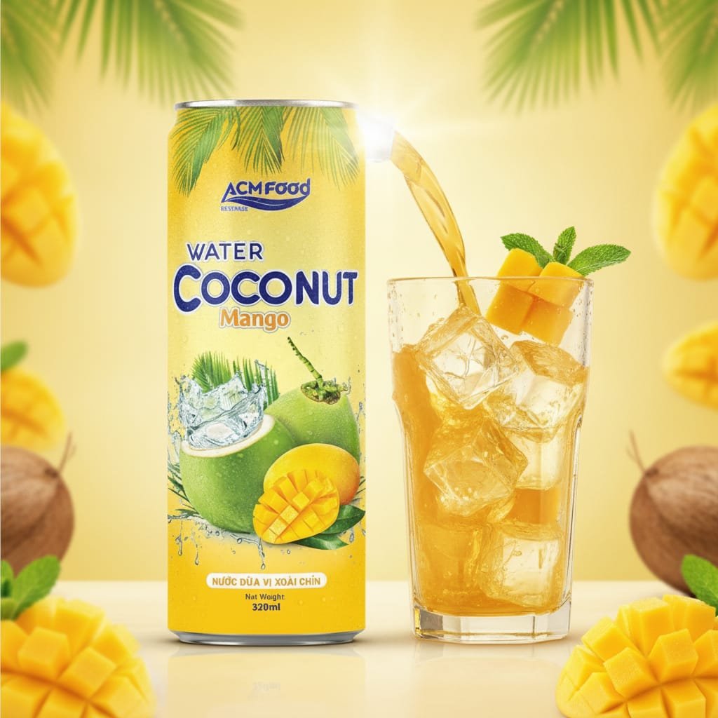 Pouring BIDU coconut water mango drink into a glass with ice and mango chunks, action shot