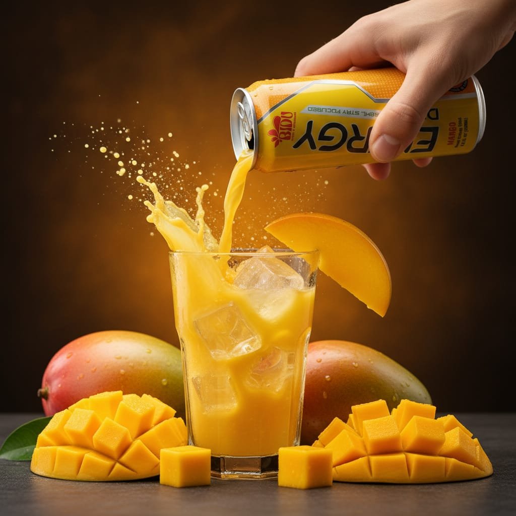 Pouring mango energy drink from 250ml can into a glass with ice and mango garnish Close-up of mango energy drink can being poured into glass with ice