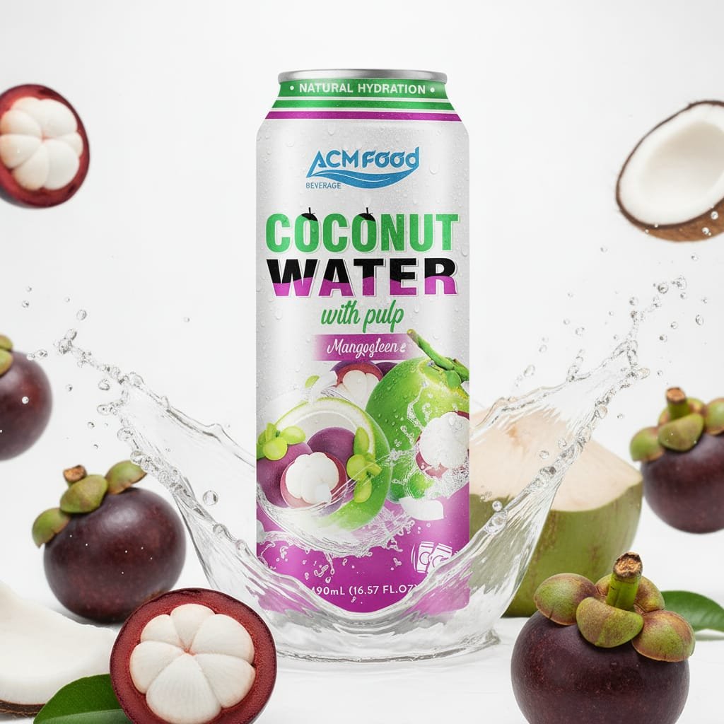 Assortment of different flavored coconut water cans with private label mockups