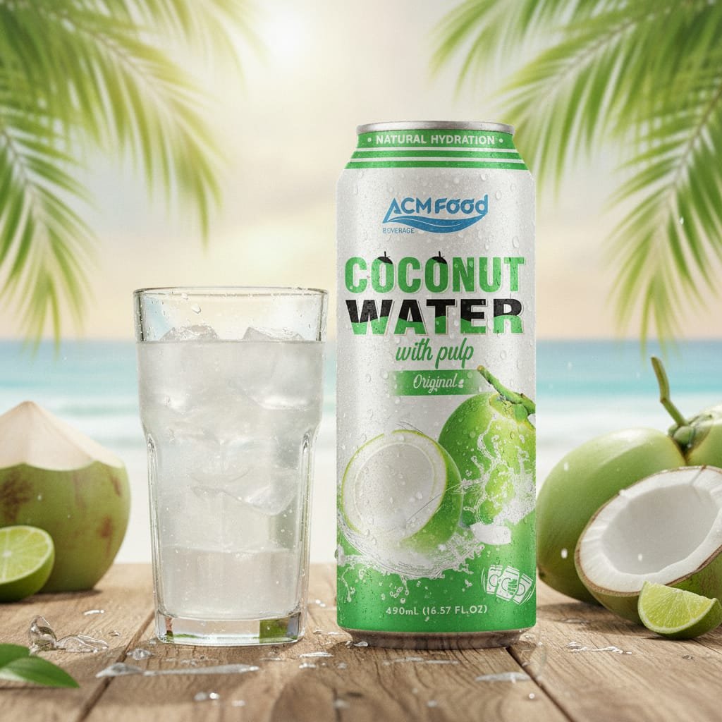Glass of original coconut water with pulp alongside 500ml can