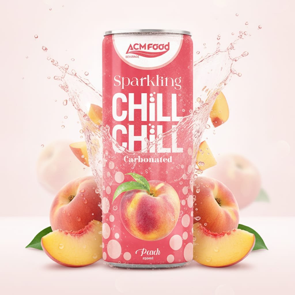 Peach sparkling juice cans with different label designs for different markets