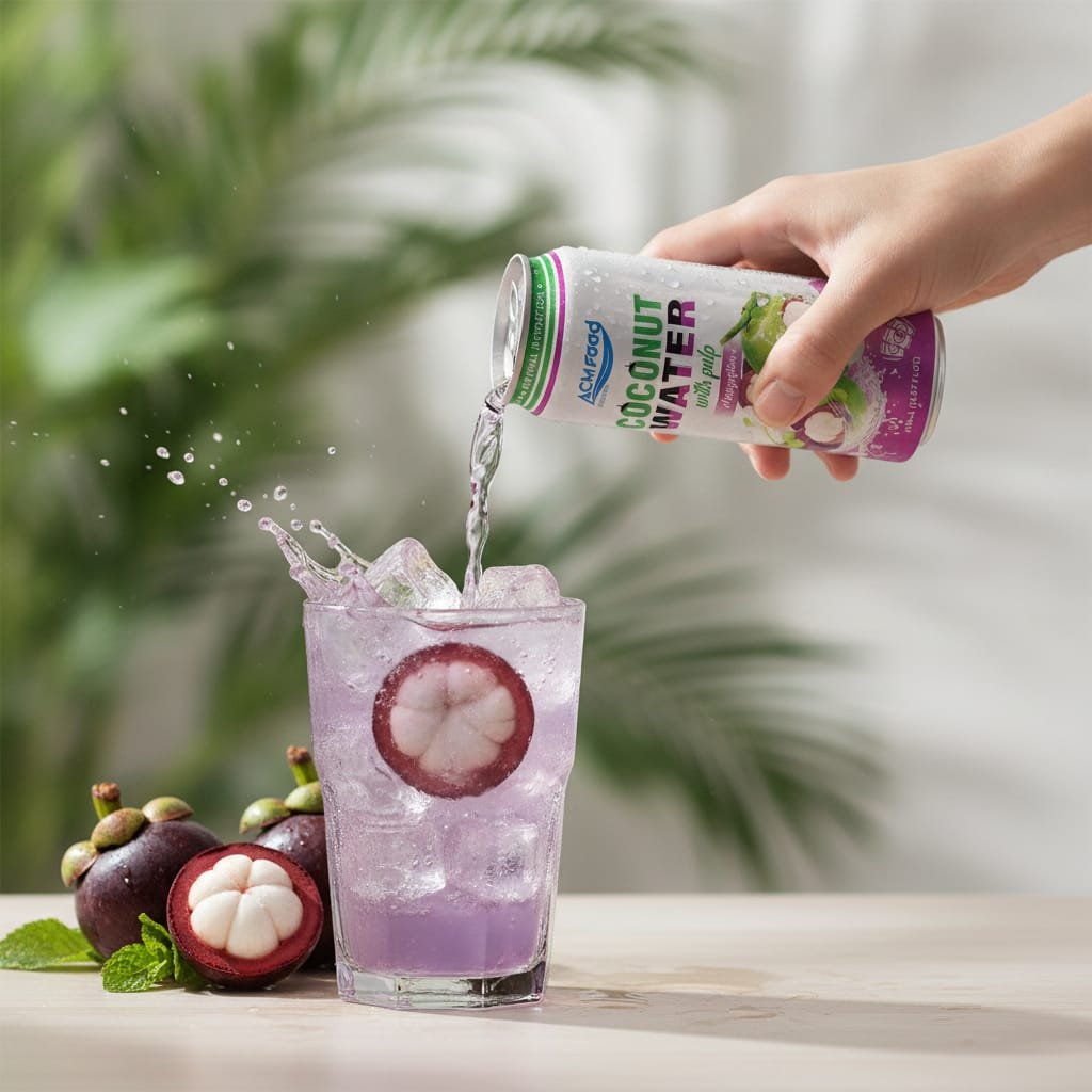 Pouring coconut water mangosteen beverage into glass with ice and fresh fruit