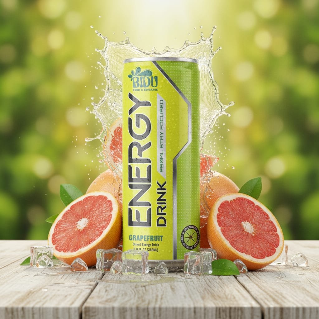 Grapefruit Energy Drink 250ml aluminum can on a wooden table with fresh grapefruit slices and ice cubes