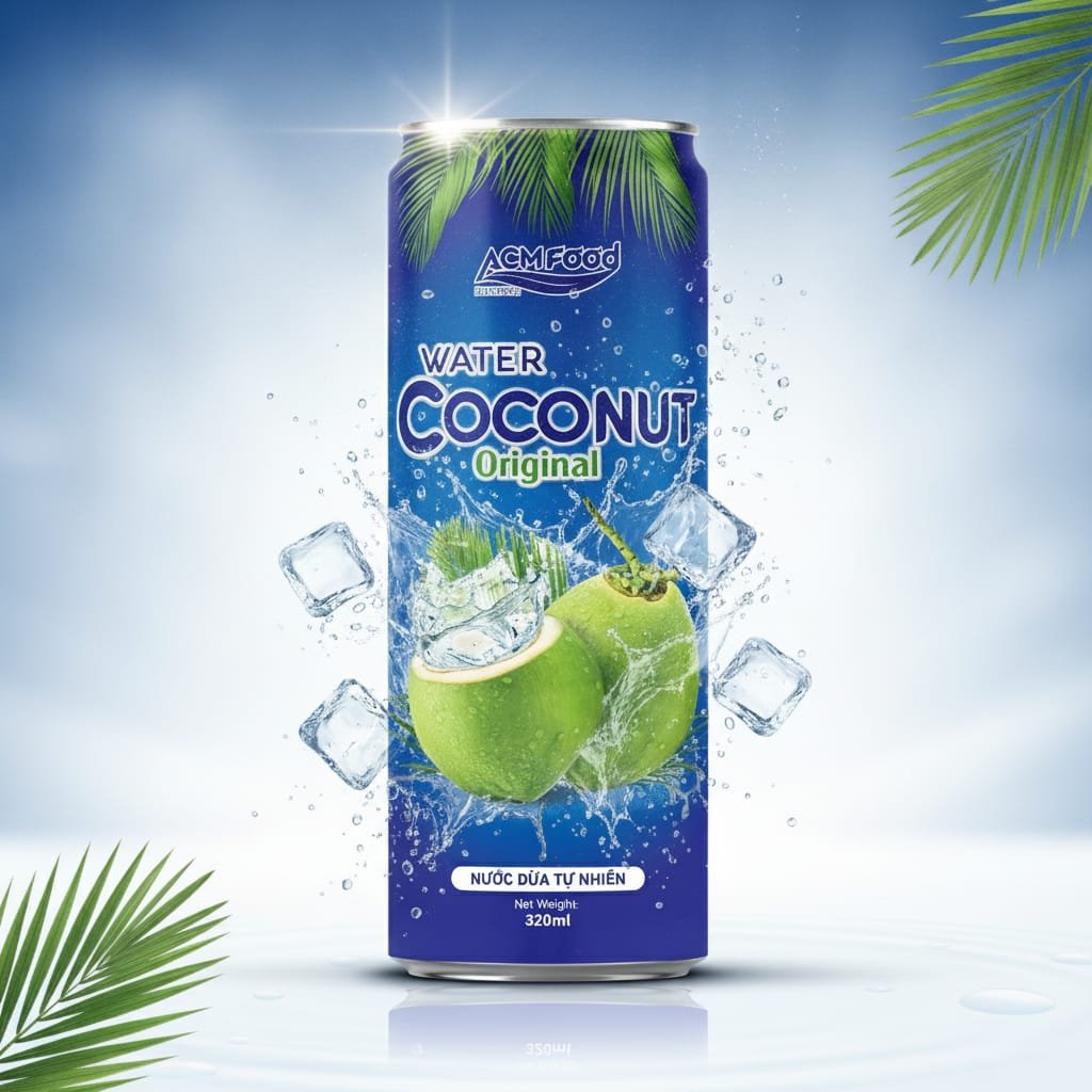 Multiple customized 320ml coconut water cans with different private labels and designs Variety of private label coconut water cans on white background