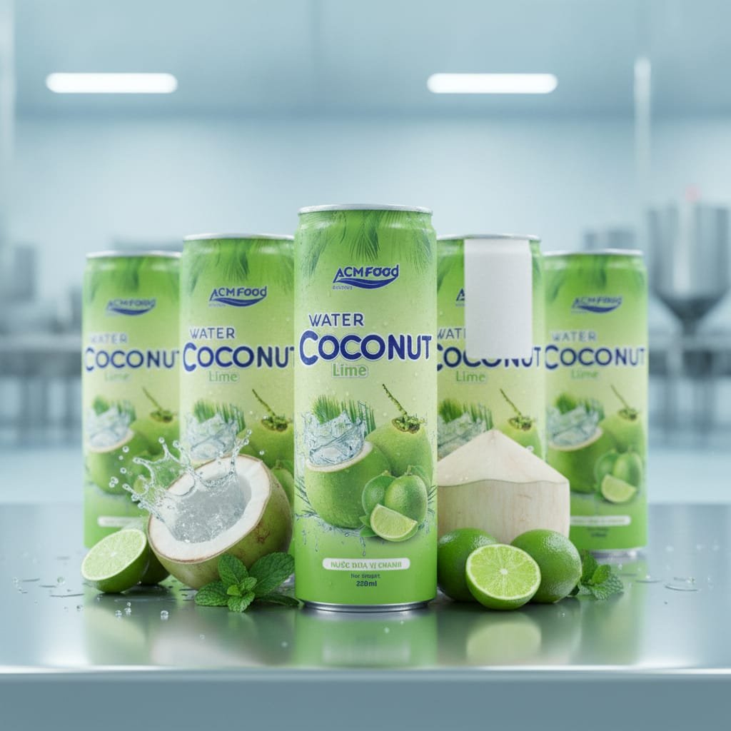 Display of BIDU lime coconut water 320ml cans showing areas for custom labeling and branding BIDU lime coconut water cans with empty label area for private label customization