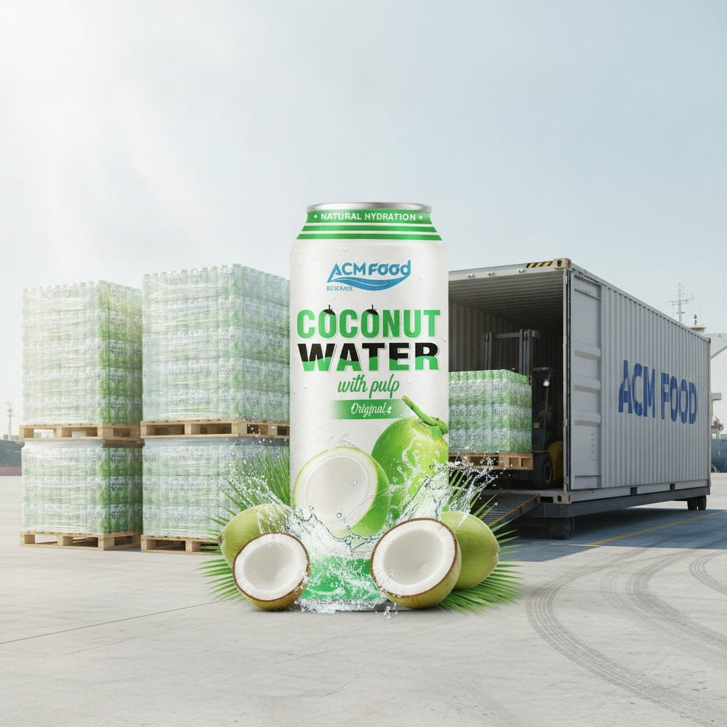 Export shipment of BIDU coconut water with pulp containers at the factory dock Container loading at Tan Phu Trung Industrial Park for coconut water export
