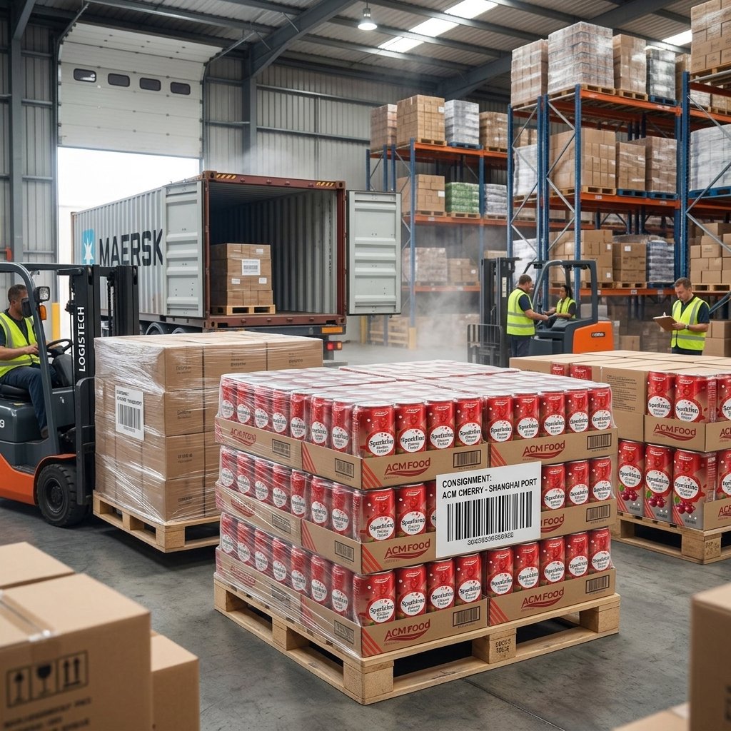 A logistics scene showing pallets of ACM Cherry Sparkling Juice cans being loaded into a shipping container with a wareh