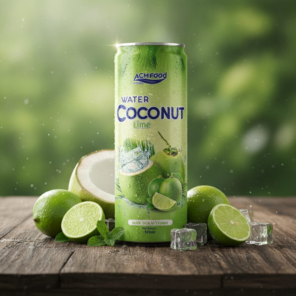 BIDU Lime Coconut Water Drink in 320ml aluminum can, resting on a rustic wooden surface, surrounded by fresh limes, coconut halves, and ice cubes Coconut water with lime in a 320ml can on a wooden table with fresh ingredients