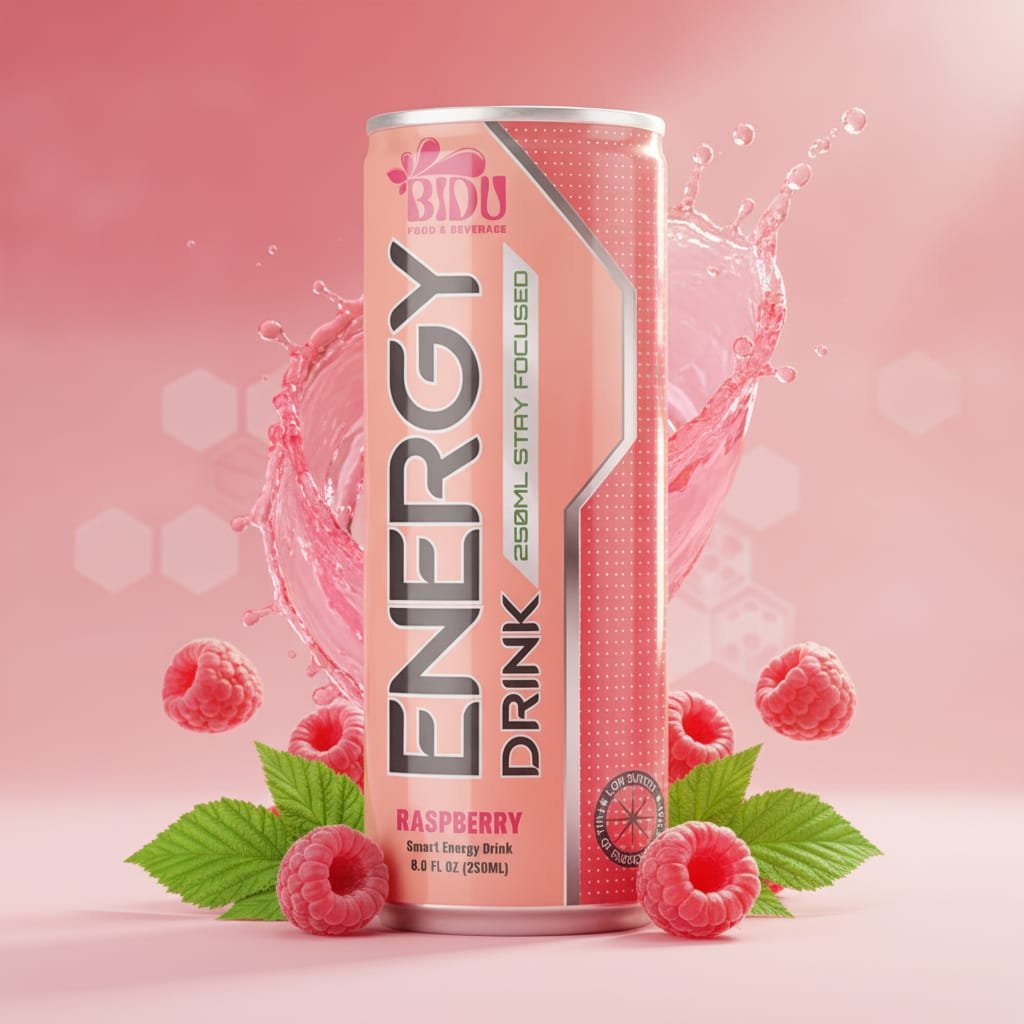 Row of 250ml raspberry energy drink cans on a production line