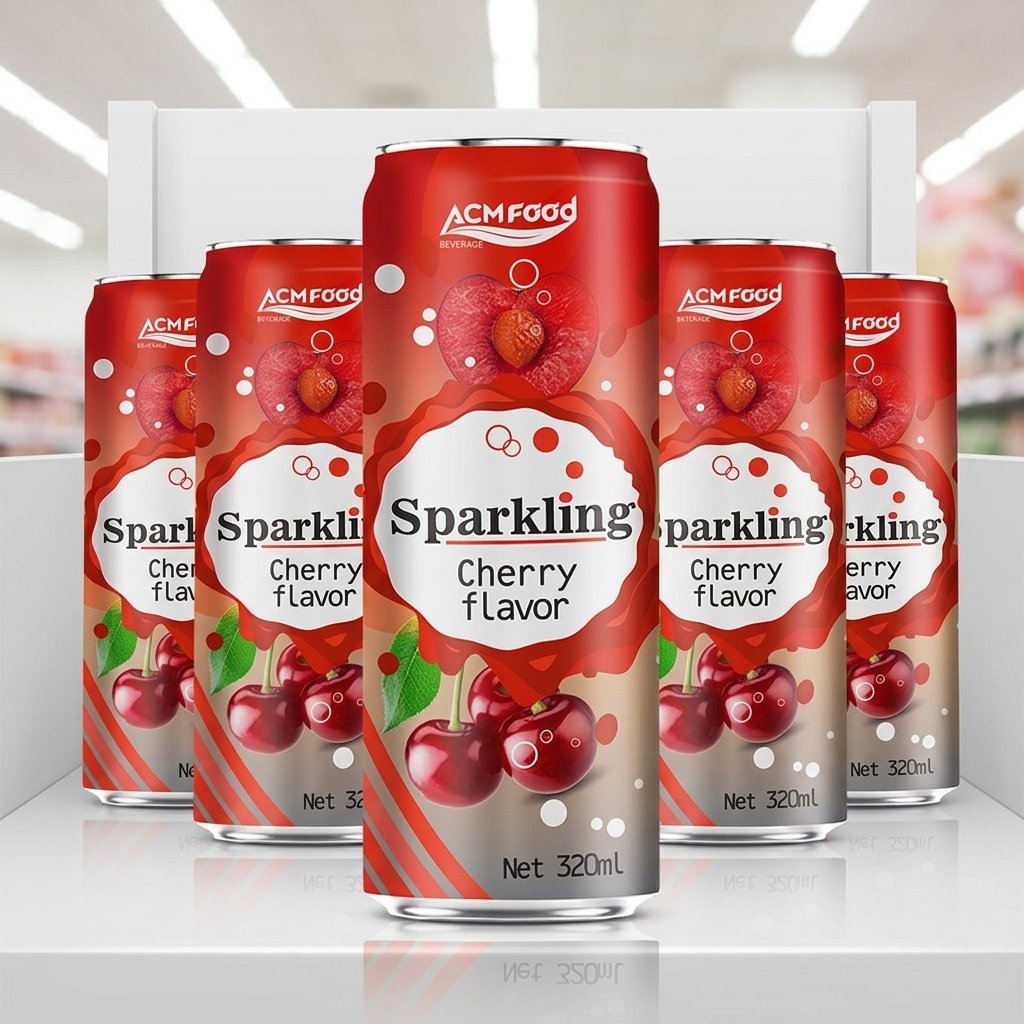 A modern beverage display featuring multiple cans of ACM Cherry Sparkling Juice on a clean white shelf with a focus on t