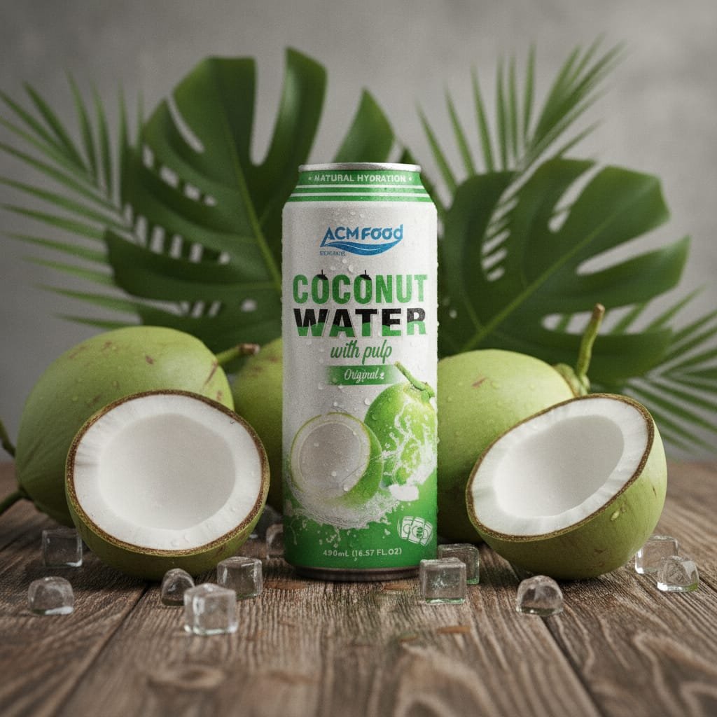 Clean label coconut water with pulp in 500ml can on natural wooden table