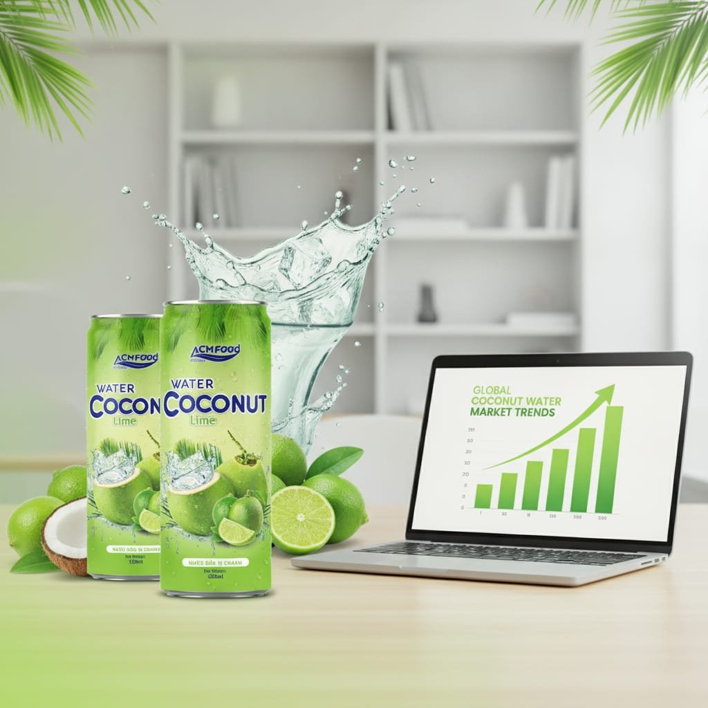 Infographic showing rising global coconut water market with BIDU lime coconut water cans in the foreground Graph of coconut water market growth with cans in foreground