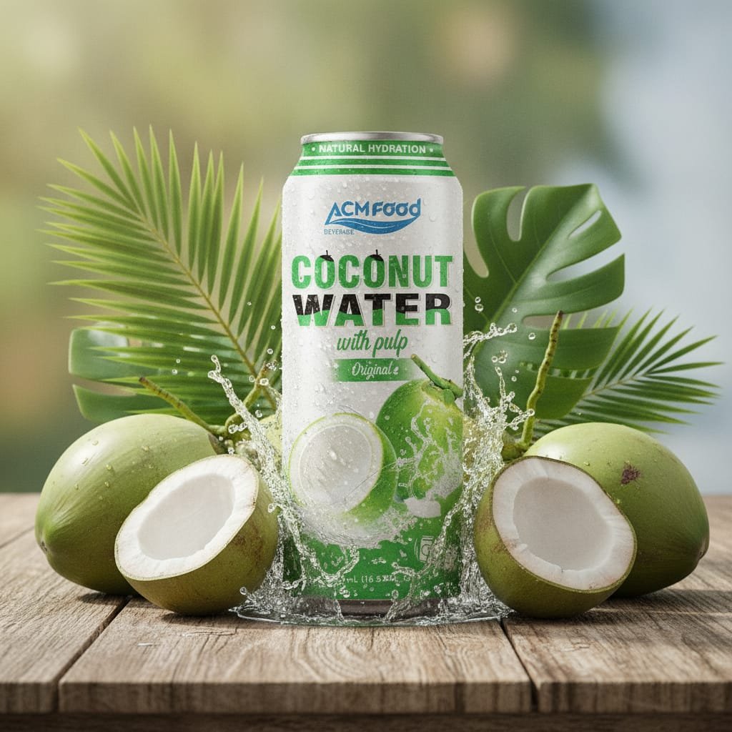 Premium 500ml can of original coconut water with pulp displayed with fresh coconuts and green leaves, emphasizing natural ingredients Natural coconut water with pulp in a 500ml can next to fresh coconuts on a wooden table