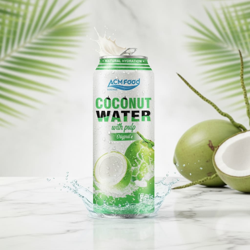 Close-up of a 500ml aluminum can filled with coconut water and visible pulp pieces, clean white background 500ml can of original coconut water with pulp, BIDU Beverage
