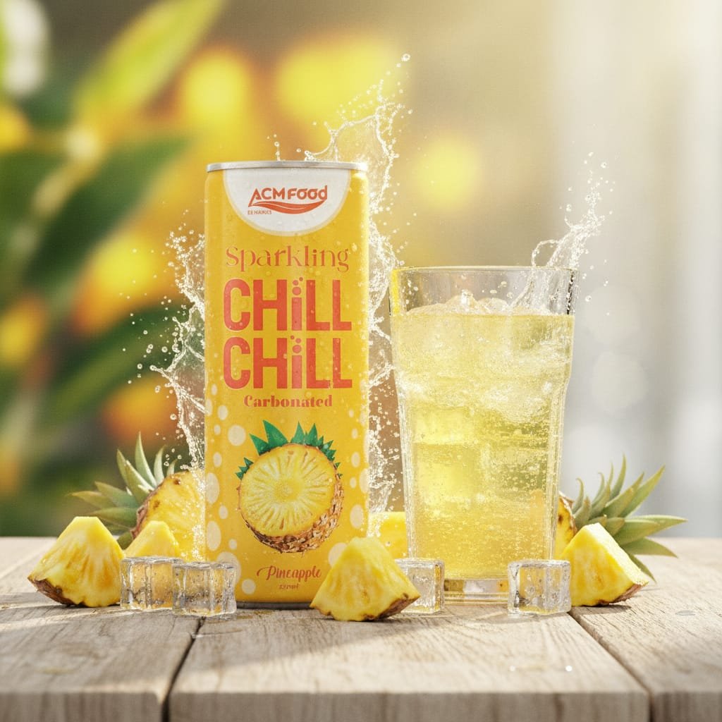Pineapple sparkling juice in 250ml aluminum can with fresh pineapple and ice
