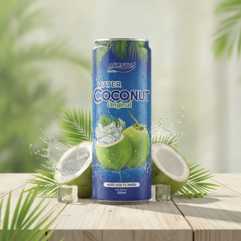 Close-up of 320ml original coconut water alu-can with fresh coconut and ice cubes on a wooden table Healthy coconut water drink in aluminum can with fresh coconut and ice cubes