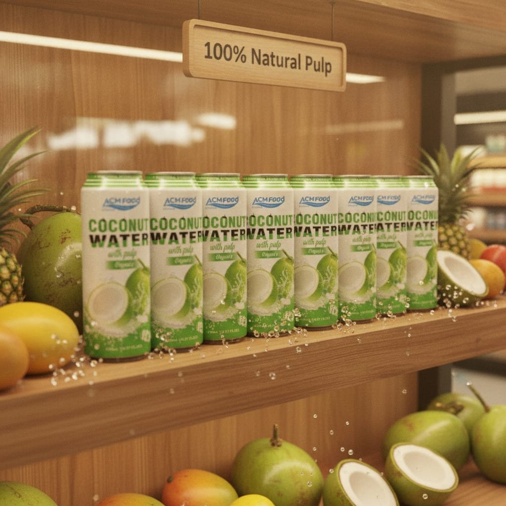 500ml can of coconut water with pulp on supermarket shelf with clean label signage