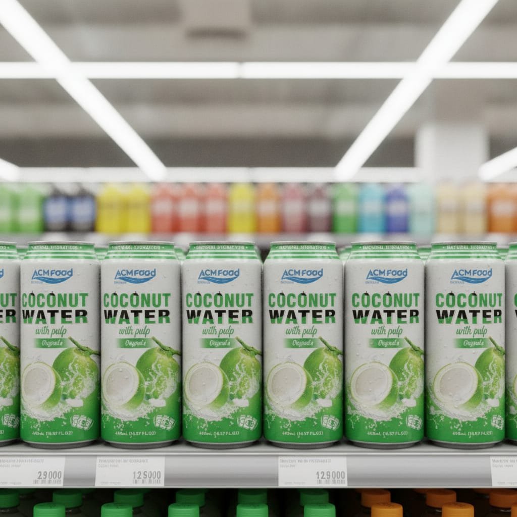 Retail display of original coconut water with pulp in 500ml cans, clean label branding prominent Multiple 500ml cans of original coconut water with pulp arranged on a supermarket shelf