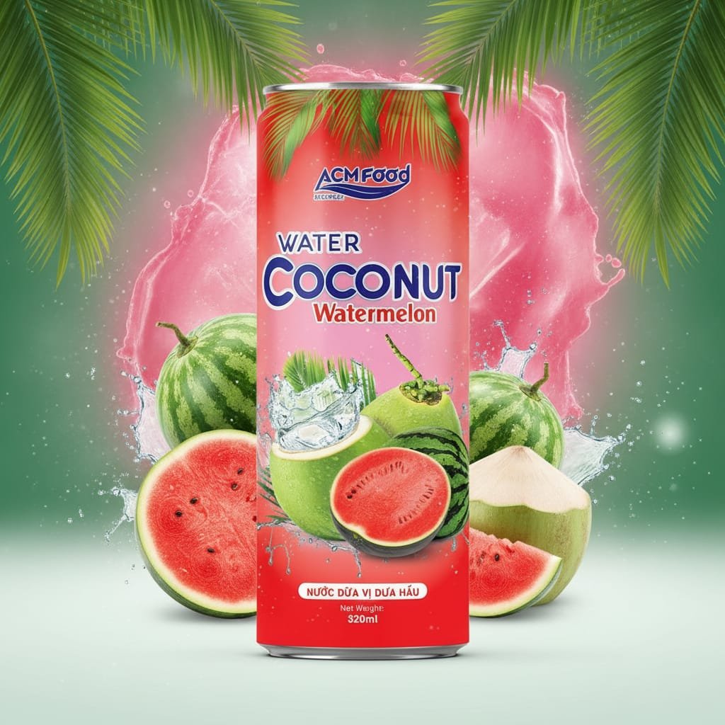 Export containers with Watermelon Coconut Water cans labeled for international shipping