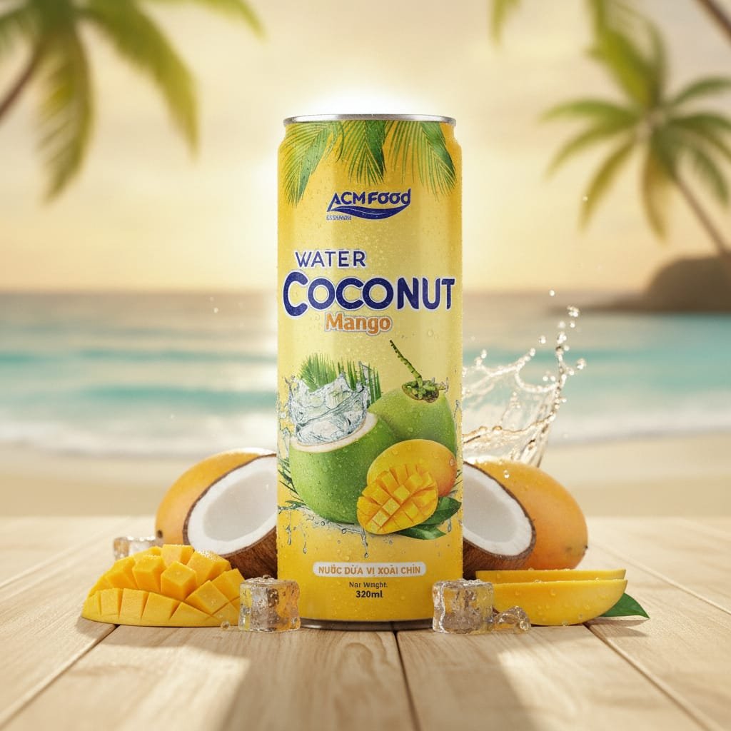 BIDU Coconut Water Mango Flavor 320ml aluminum can on a tropical beach background with fresh mango slices
