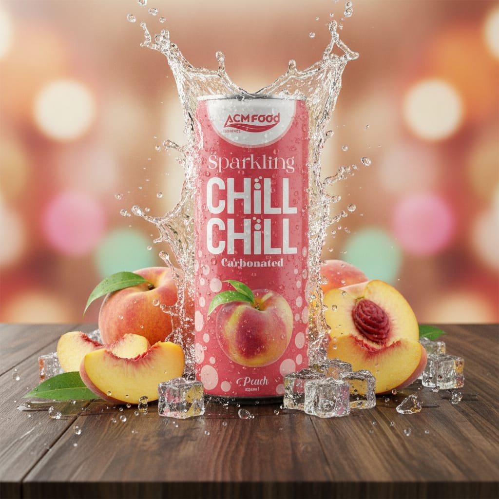 Peach sparkling juice can on a wooden table with fresh peaches and ice cubes