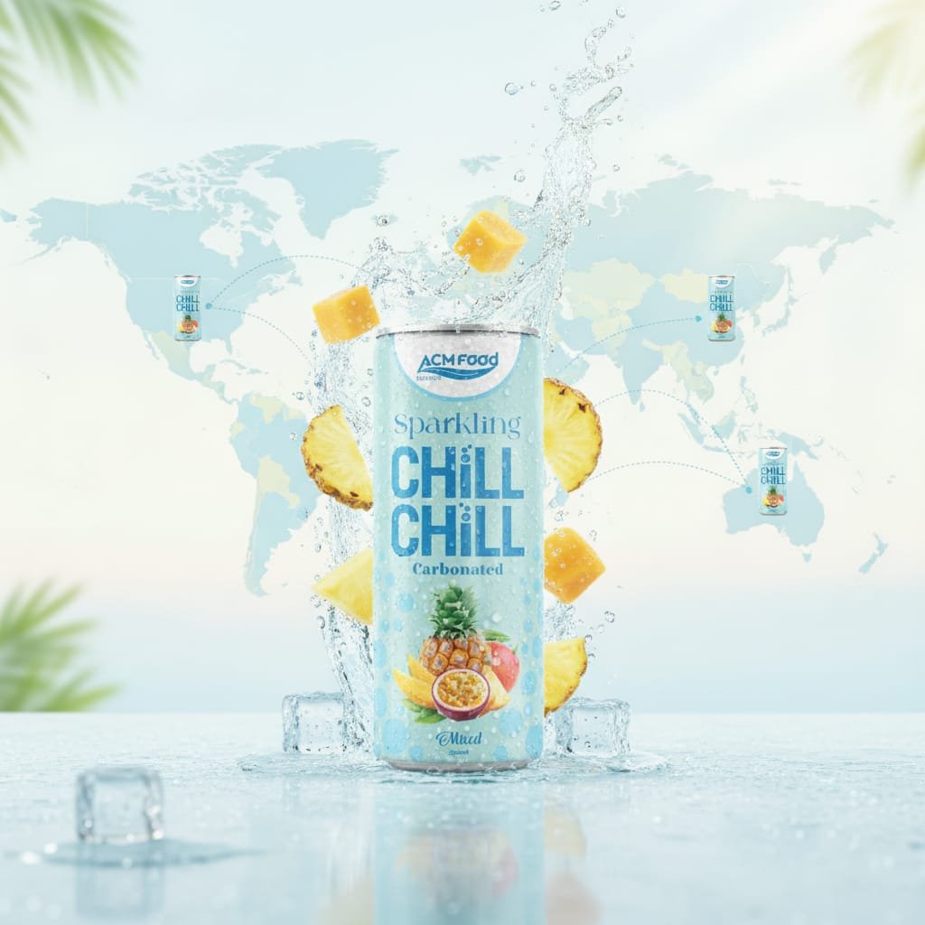 Global map with mixed fruit sparkling juice cans distributed across continents