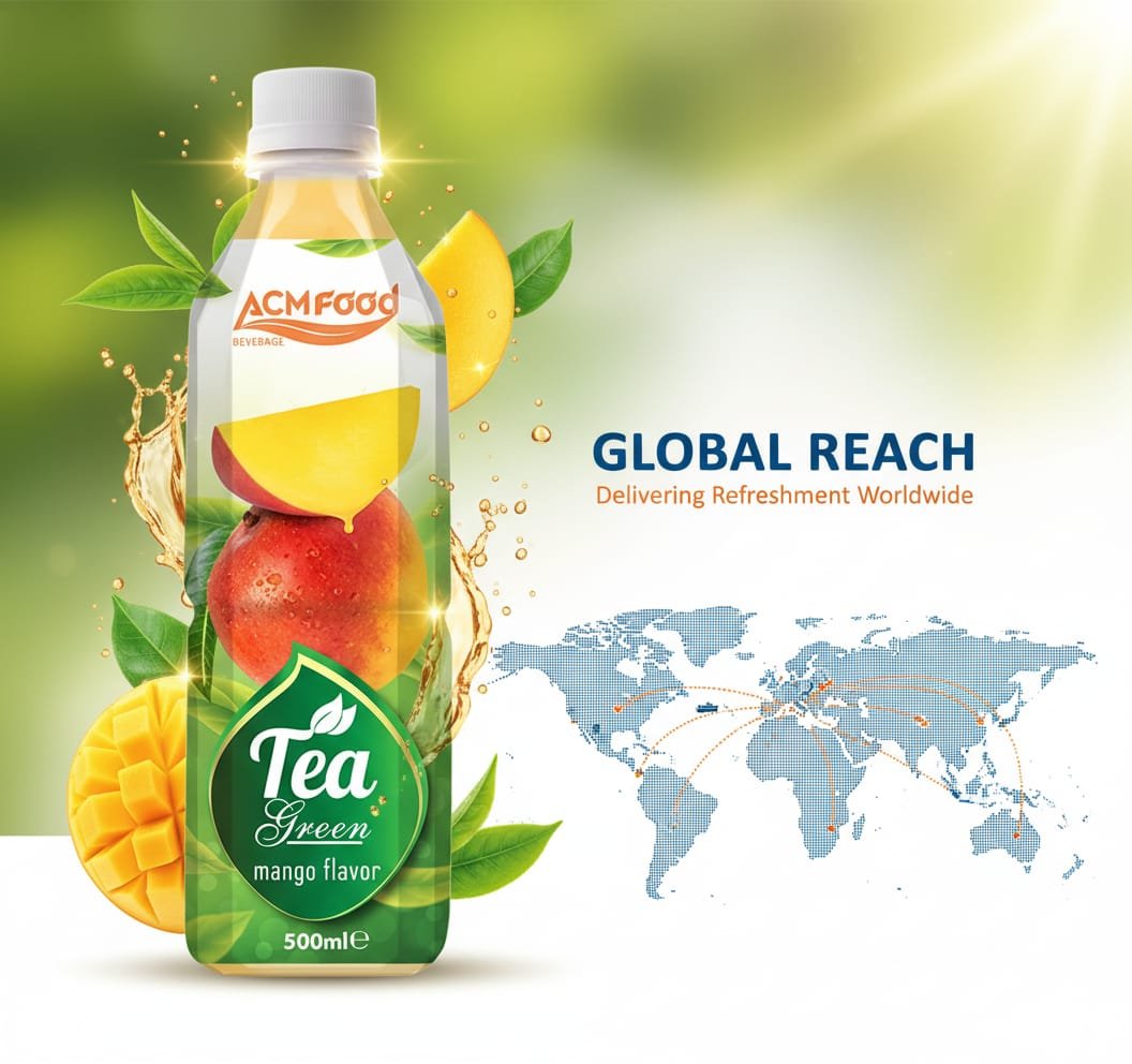 Global export routes for ACM Mango Green Tea from Vietnam to North America, Europe, and Middle East World map with ACM green tea mango export arrows