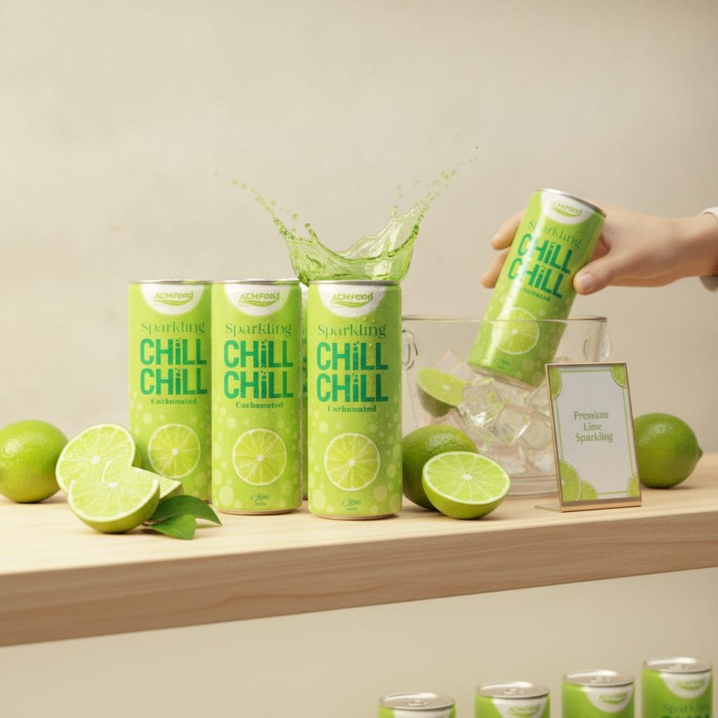 Retail display of Lime Sparkling Juice 250ml aluminum cans with fresh lime garnish and promotional signage Lime sparkling juice cans displayed on retail shelf with fresh limes