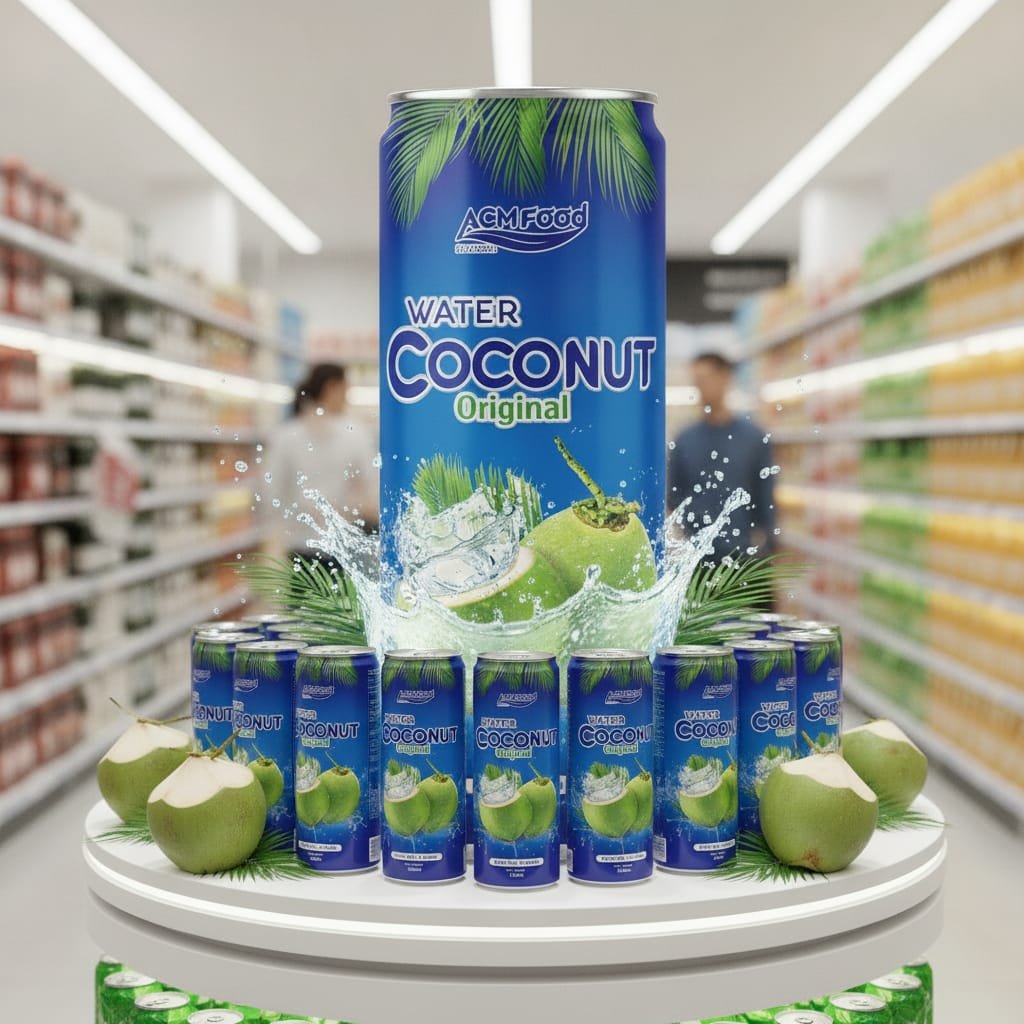 Retail shelf of organic coconut water drinks in aluminum cans with consumers browsing Retail shelf display of coconut water cans with shoppers