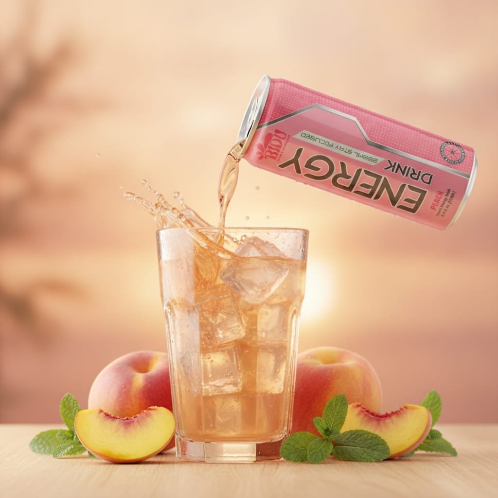 Pouring peach flavor energy drink into a glass with ice and peach garnish Close up of peach energy drink being poured