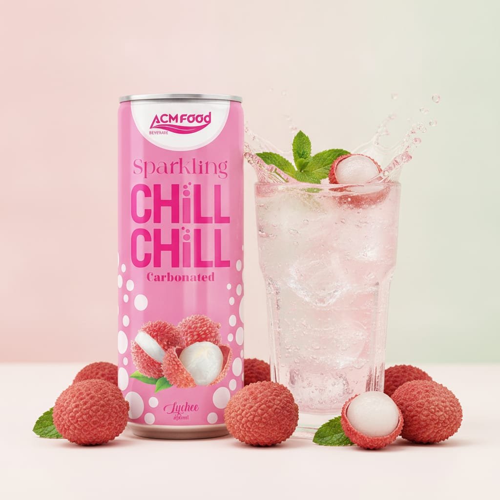 Fresh lychee fruits next to a glass of Lychee Sparkling Juice